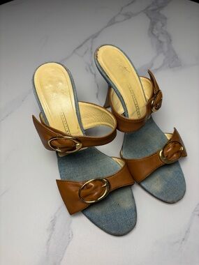 Giuseppe Zanotti Brown Leather & Blue Denim Slide Heels